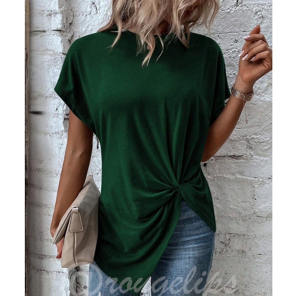 Twist Detail Green Tee Shirt Short Sleeve Round Neck